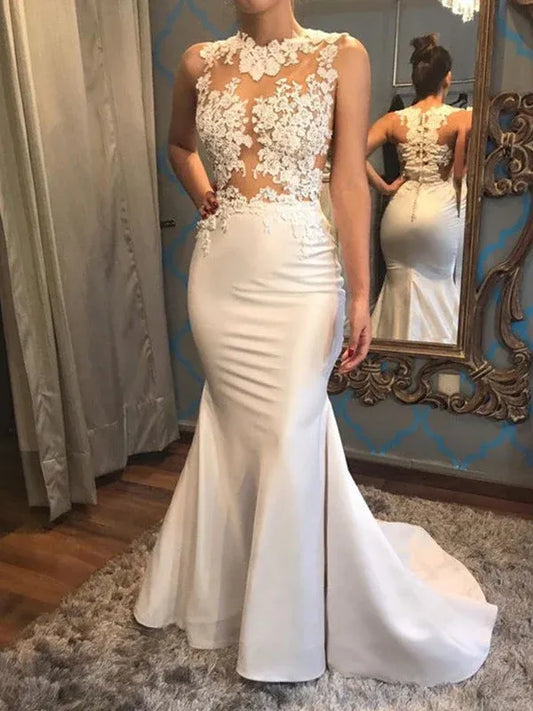 Mermaid Illusion Satin High Slit Wedding Dress - Yihuiw by Yihuiw
