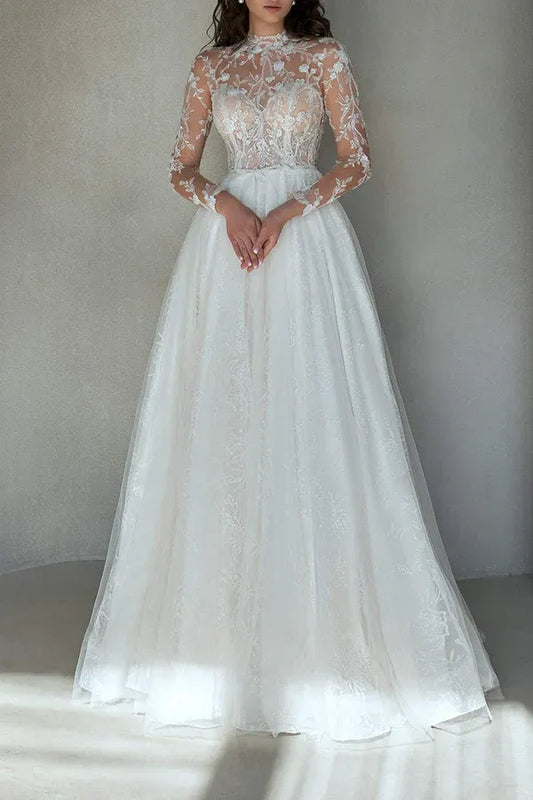A-Line Illusion Tulle Long Sleeve Train Wedding Dress - Yihuiw by Yihuiw