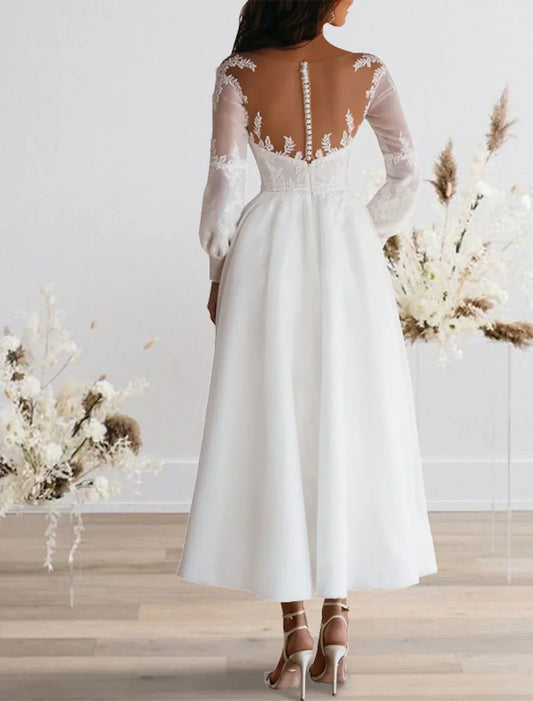 Illusion Satin Tea-Length Wedding Dress - Yihuiw by Yihuiw