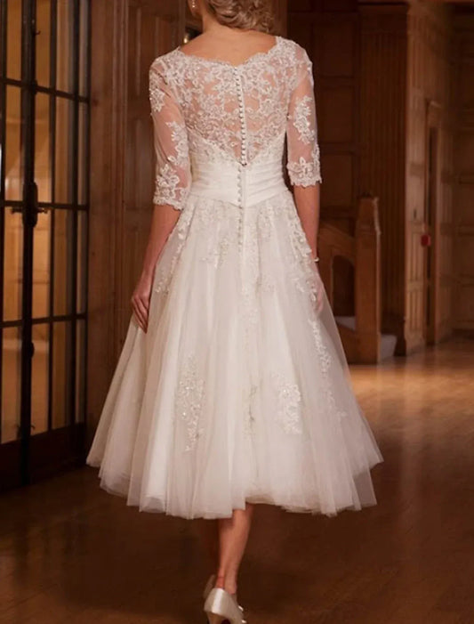 Illusion Lace Tea-Length Wedding Dress - Yihuiw by Yihuiw
