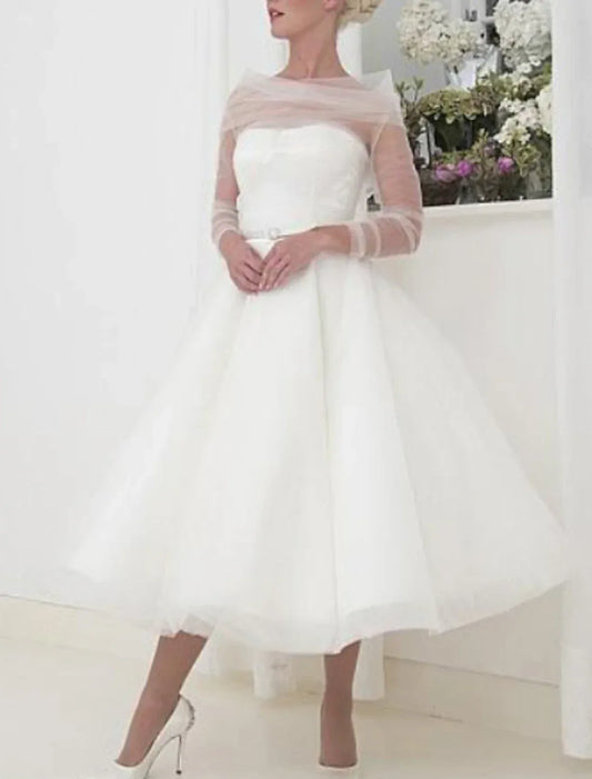 Illusion Tulle Long Sleeve Midi Wedding Dress - Yihuiw by Yihuiw