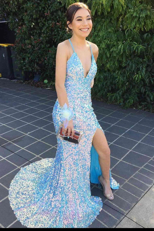 Light Blue Sequin Mermaid Prom Dress with Deep V-Neck and High Slit