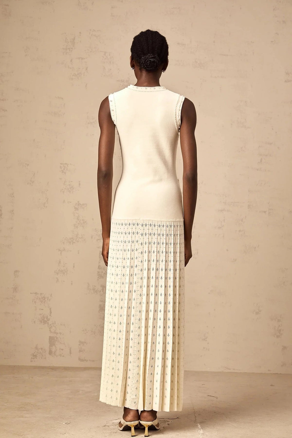 Ivory Beaded Sleeveless Pleated Maxi Dress white faux-pearl knitted maxi dress Evening Dress by YiHuiw