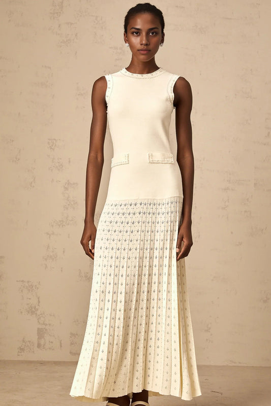 Ivory Beaded Sleeveless Pleated Maxi Dress white faux-pearl knitted maxi dress Evening Dress by YiHuiw