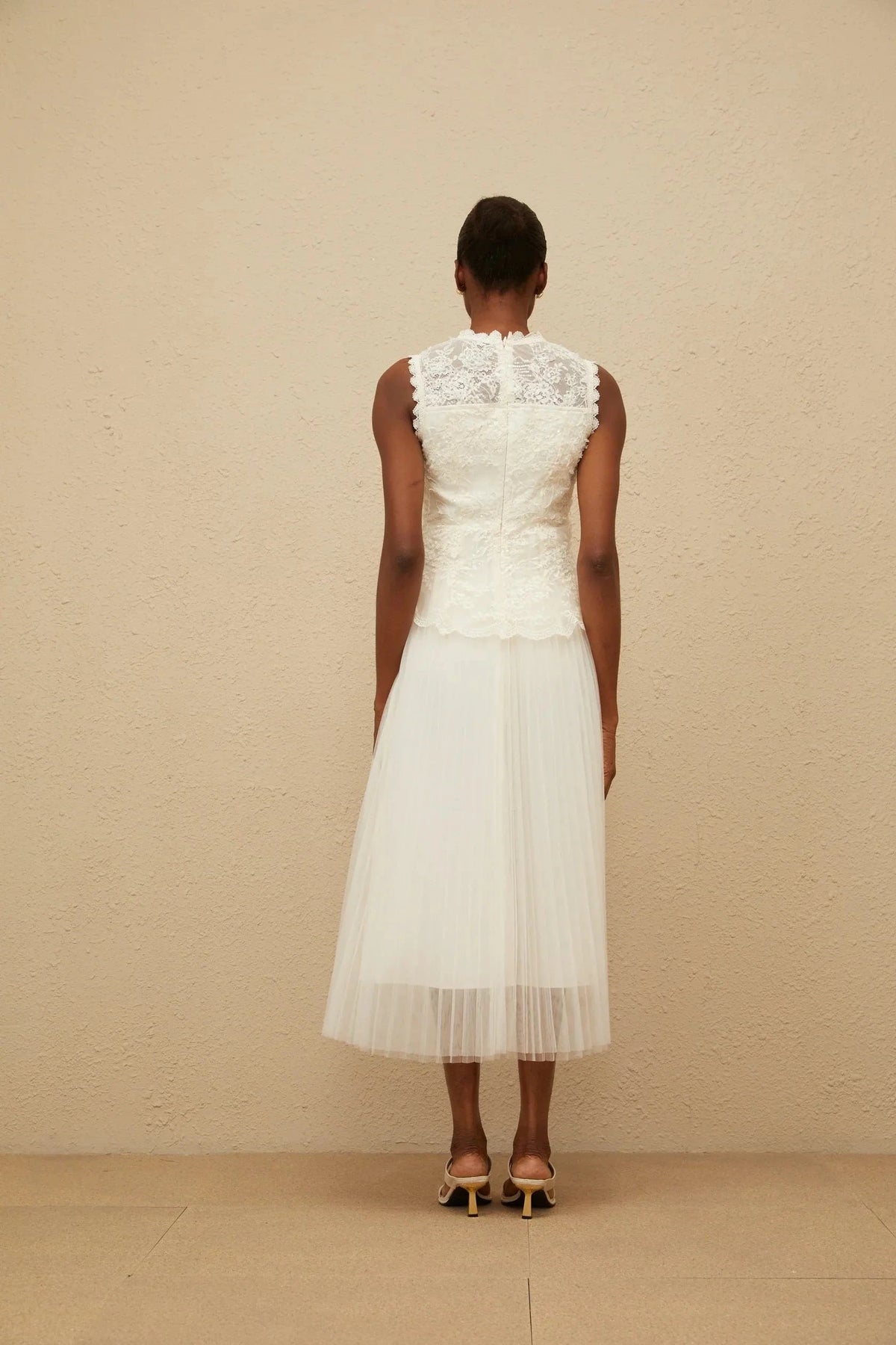 Ivory Lace Top Tulle Midi Dress Floral Lace Tulle Panel Midi Dress Evening Dress by YiHuiw
