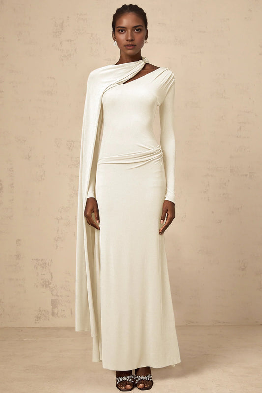 Ivory Long Sleeve Maxi Dress with Asymmetrical Cape Josette White Diagonal Shawl Fitted Maxi Dress Evening Dress