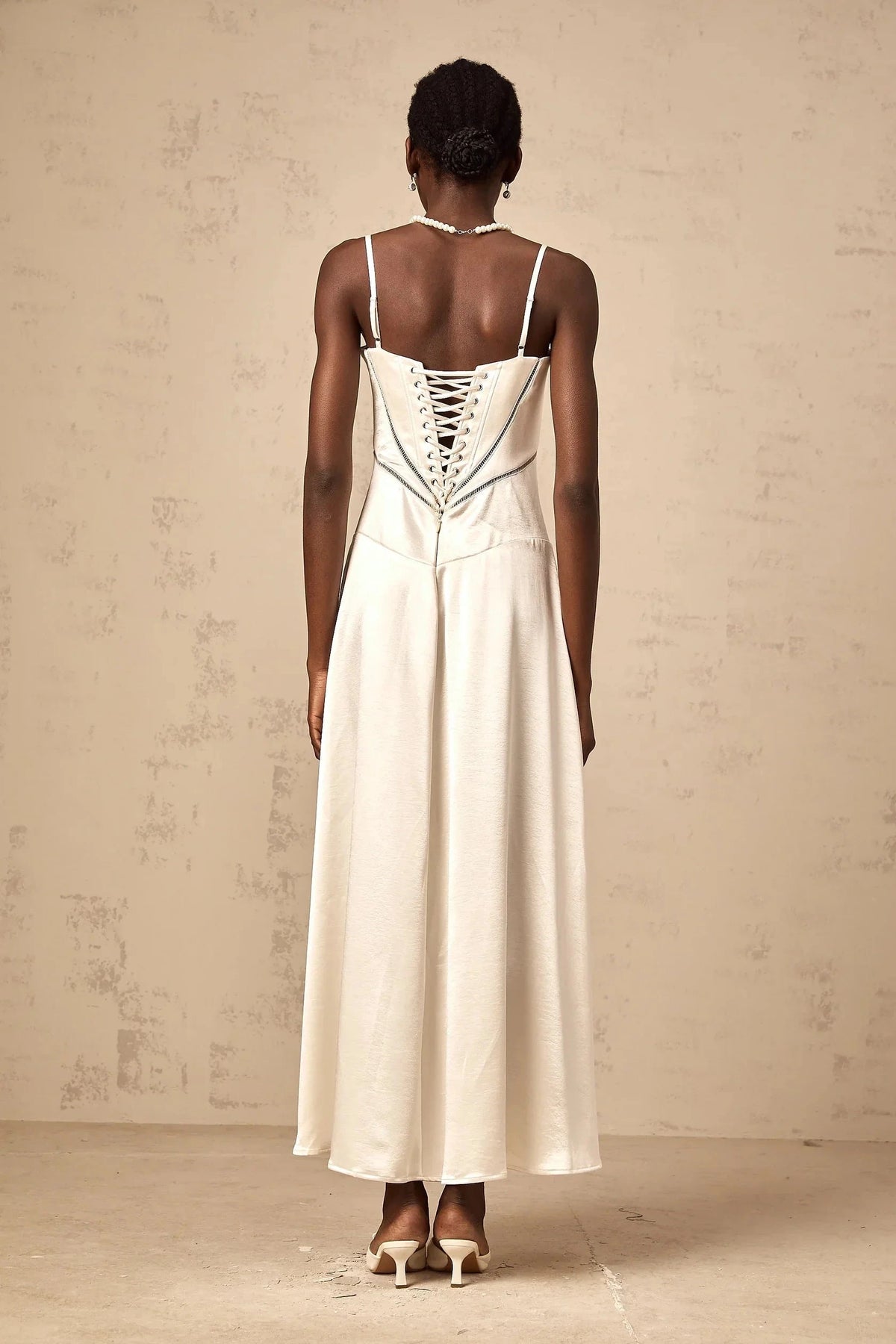 Ivory Satin Strappy Maxi Dress with Lace - Up Back white flared satin maxi dress Evening Dress by YiHuiw