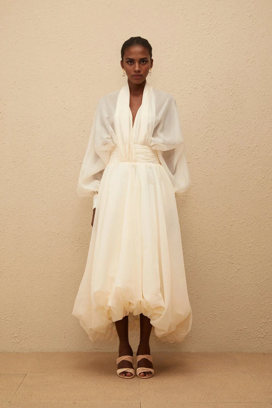 Ivory Sheer Puff Sleeve High - Low Midi Dress Riley Cream White Draped Tulle Maxi Dress Evening Dress by YiHuiw