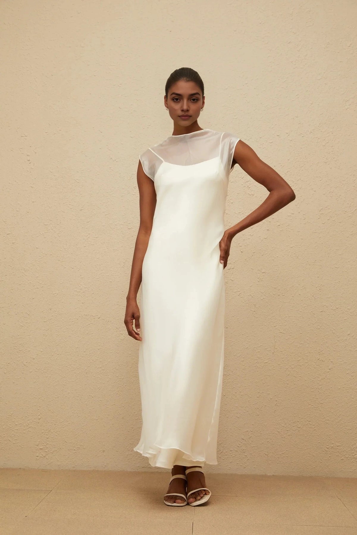Ivory Sheer Dress with Open Back White Flared Tulle Maxi Dress Evening Dress by YiHuiw