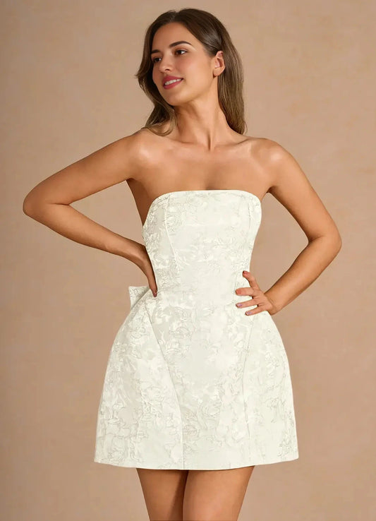 Ivory Strapless Jacquard Mini Dress Hadleigh Cream Mini Dress Homecoming Dresses by YiHuiw