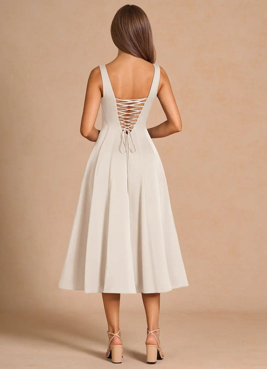 Ivory Square Neck Lace Lace-Up Back Midi Wedding Dress - Yihuiw by Yihuiw