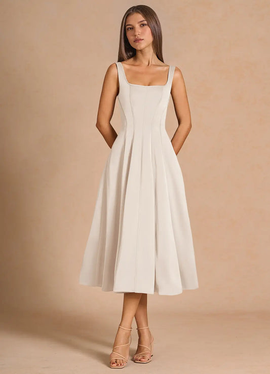 Ivory Square Neck Lace Lace-Up Back Midi Wedding Dress - Yihuiw by Yihuiw