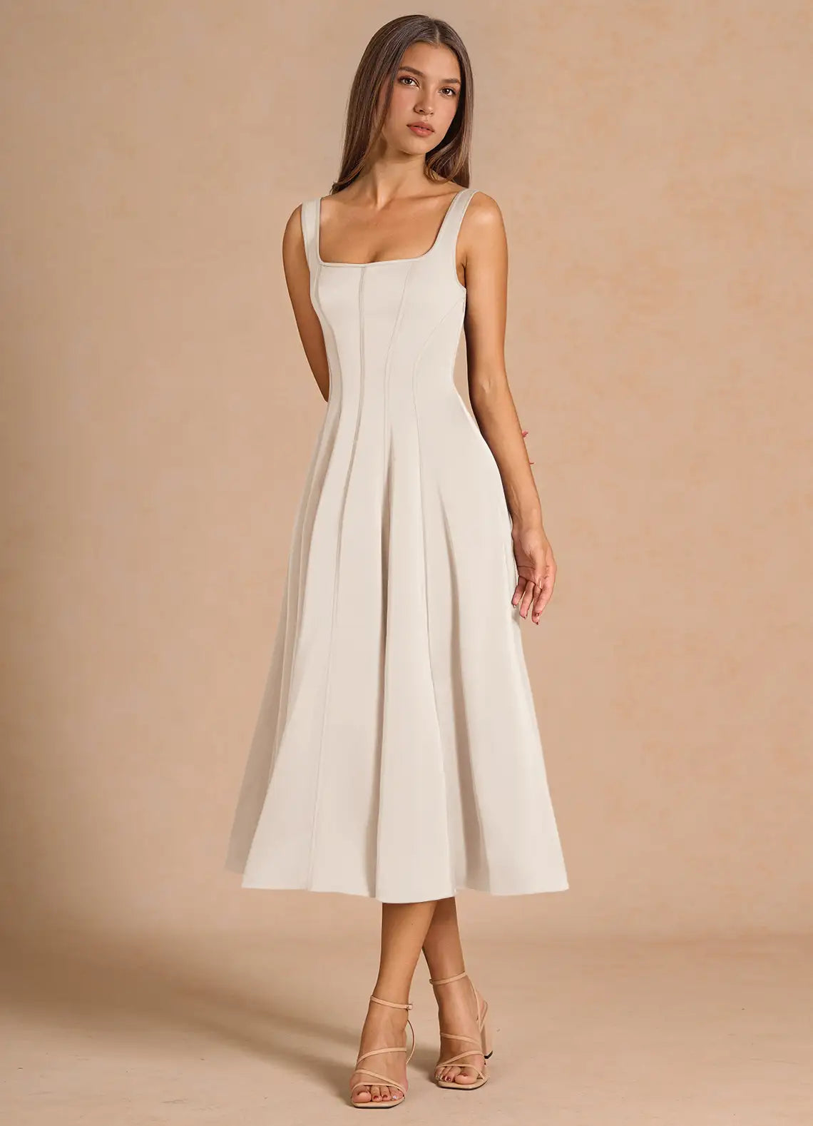 Ivory Square Neck Lace Lace-Up Back Midi Wedding Dress - Yihuiw by Yihuiw