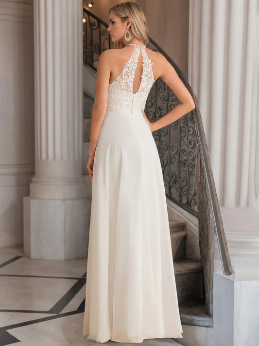 Ivory Chiffon A-Line Wedding Dress with High Halter Lace Bodice, Keyhole Back & Flowy Floor-Length Skirt