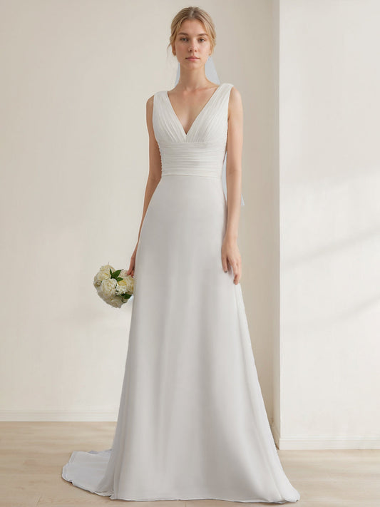 Ivory Chiffon A-Line Wedding Dress with Plunging V-Neck, Ruched Bodice, Lace Back Panel & Sweep Train