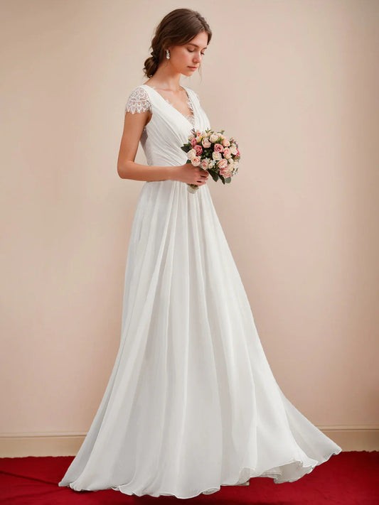 Ivory Chiffon A-Line Wedding Dress with V-Neck, Ruched Bodice, Lace Cap Sleeves & Open Lace Back