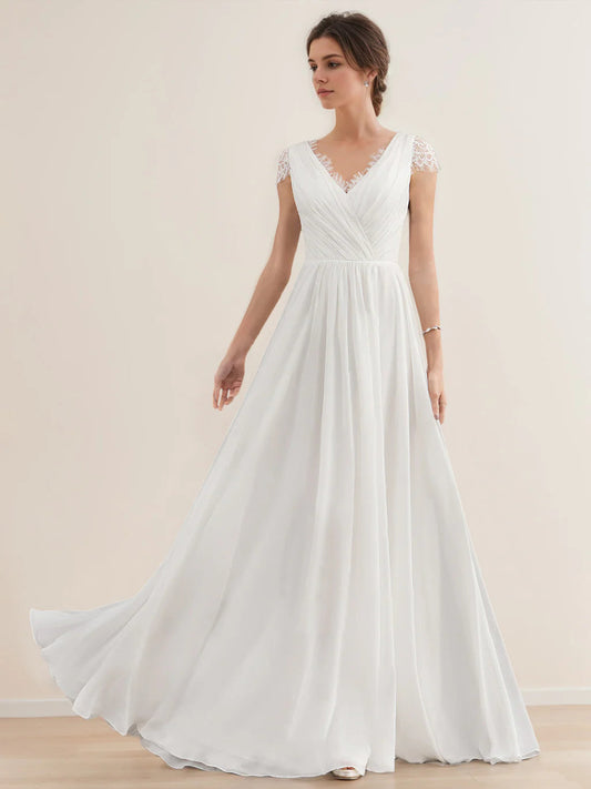 Ivory Chiffon A-Line Wedding Dress with V-Neck, Ruched Bodice, Lace Cap Sleeves & Open Lace Back