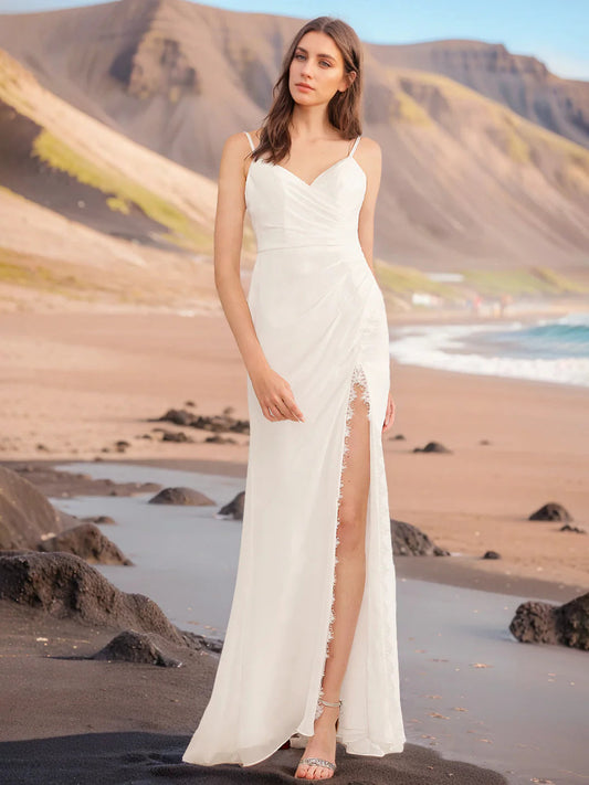 Ivory Chiffon Beach Wedding Dress with Spaghetti Straps, Open Back & Lace-Trimmed Slit