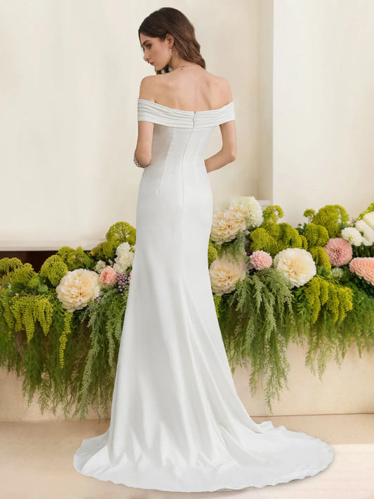 Ivory Satin Mermaid Wedding Dress with Off-the-Shoulder Neckline, Ruched Bodice & Sweep Train