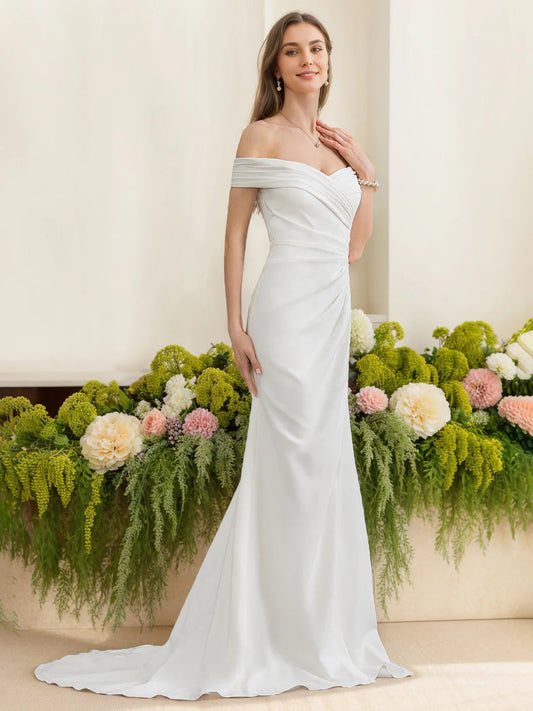 Ivory Satin Mermaid Wedding Dress with Off-the-Shoulder Neckline, Ruched Bodice & Sweep Train