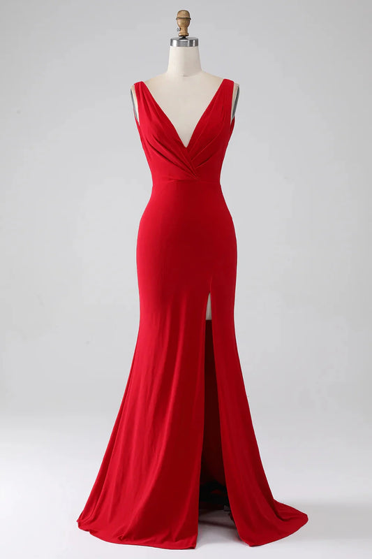 Élégante Robe de Soirée Sirène sans Manches Col V Profond avec Dos Drapé et Fronces en Jersey avec Traîne