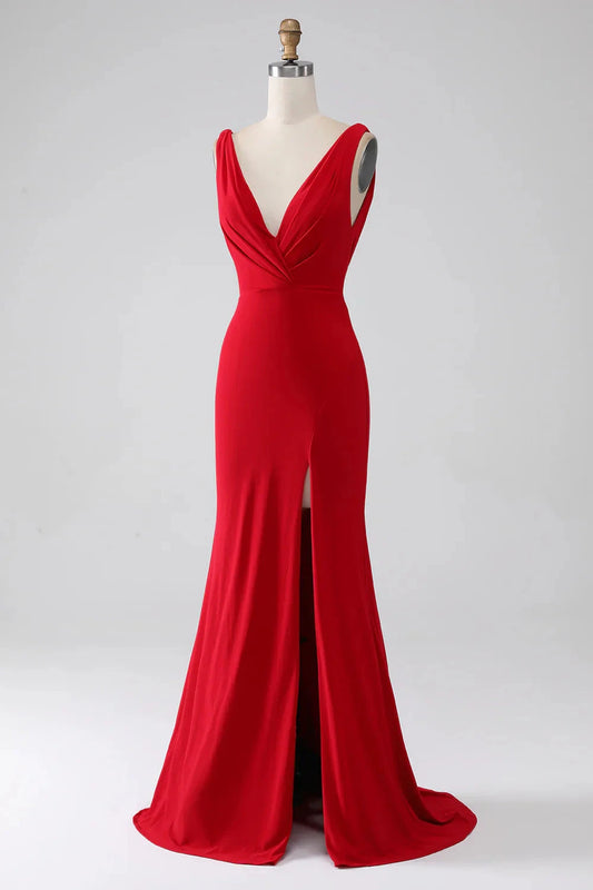 Élégante Robe de Soirée Sirène sans Manches Col V Profond avec Dos Drapé et Fronces en Jersey avec Traîne