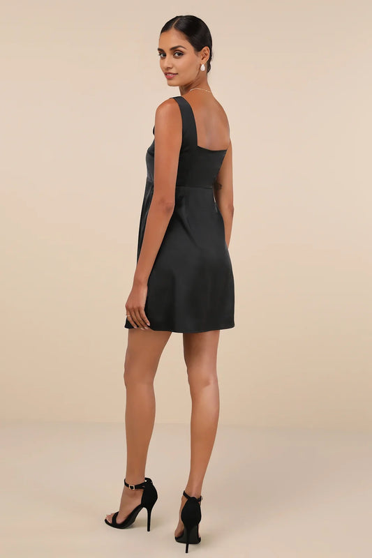 Black Satin Square-Neck A-Line Homecoming Dress