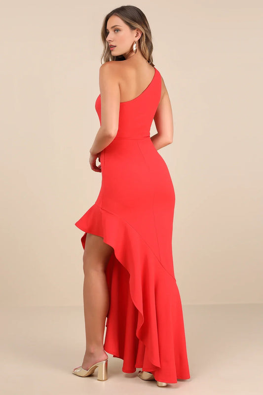 Red One-Shoulder Asymmetrical Ruffle-Hem Formal Dress