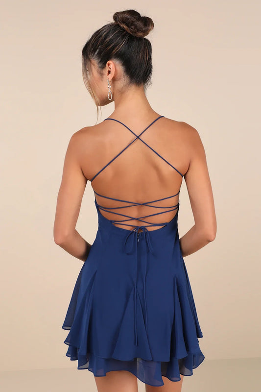 Navy Blue Strapless Tiered Lace-Up Back Homecoming Dress
