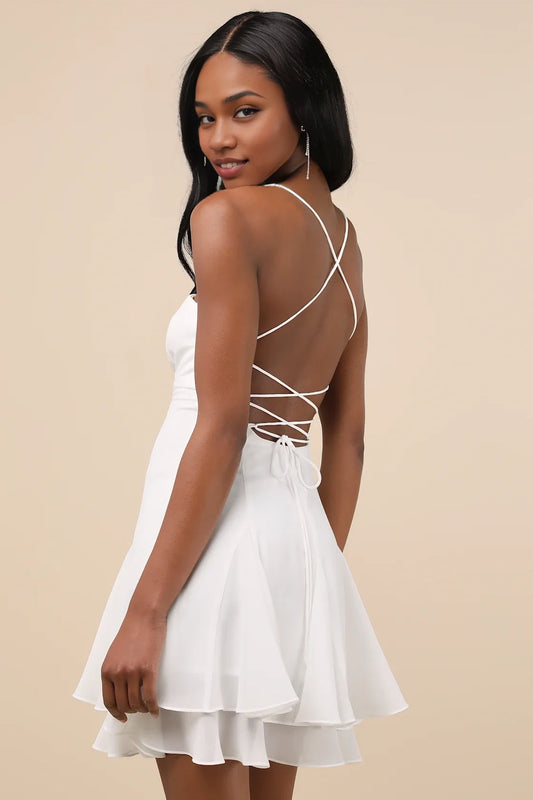 White Strapless Tiered Lace-Up Back Homecoming Dress
