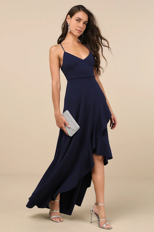 Navy Blue Spaghetti-Strap High-Low Ruffle Chiffon Prom Dress