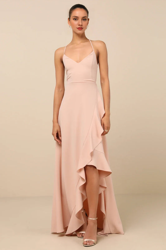 Blush Pink Spaghetti-Strap Lace-Up Back High-Low Chiffon Prom Dress