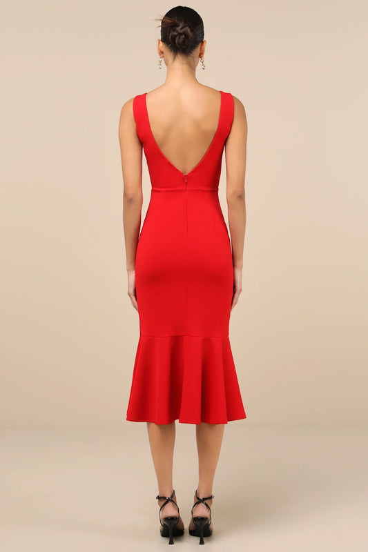 Red Square-Neck Sleeveless Flared-Hem Midi Cocktail Dress