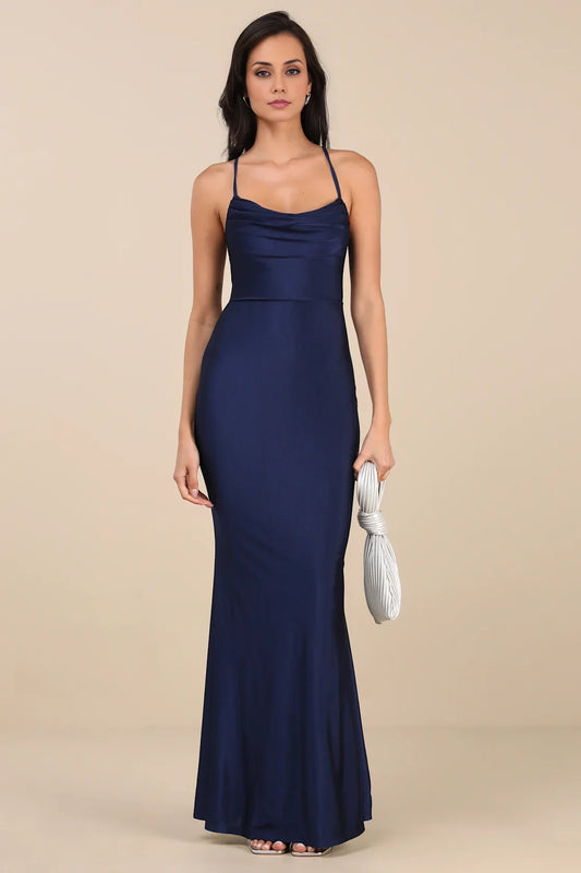 Navy Blue Cowl Neck Lace-Up Back Satin Mermaid Maxi Dress