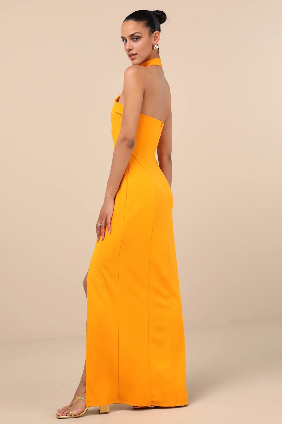 Orange Asymmetrical Halter-Neck Bodycon High-Slit Prom Dress
