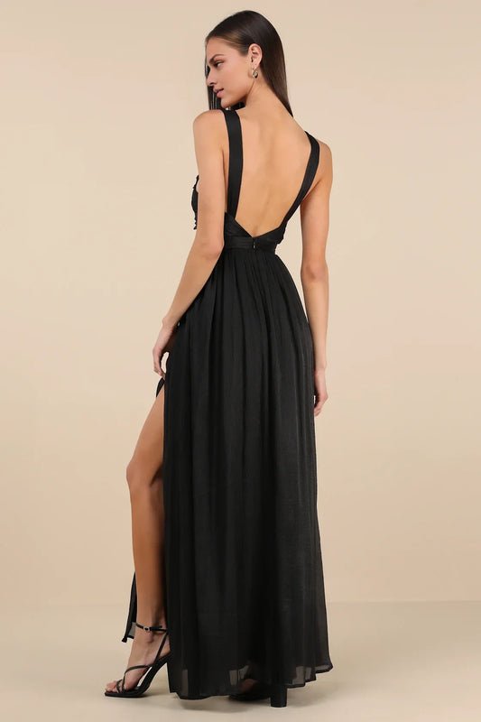 Black Sweetheart Spaghetti-Strap Keyhole High-Slit Chiffon Prom Dress