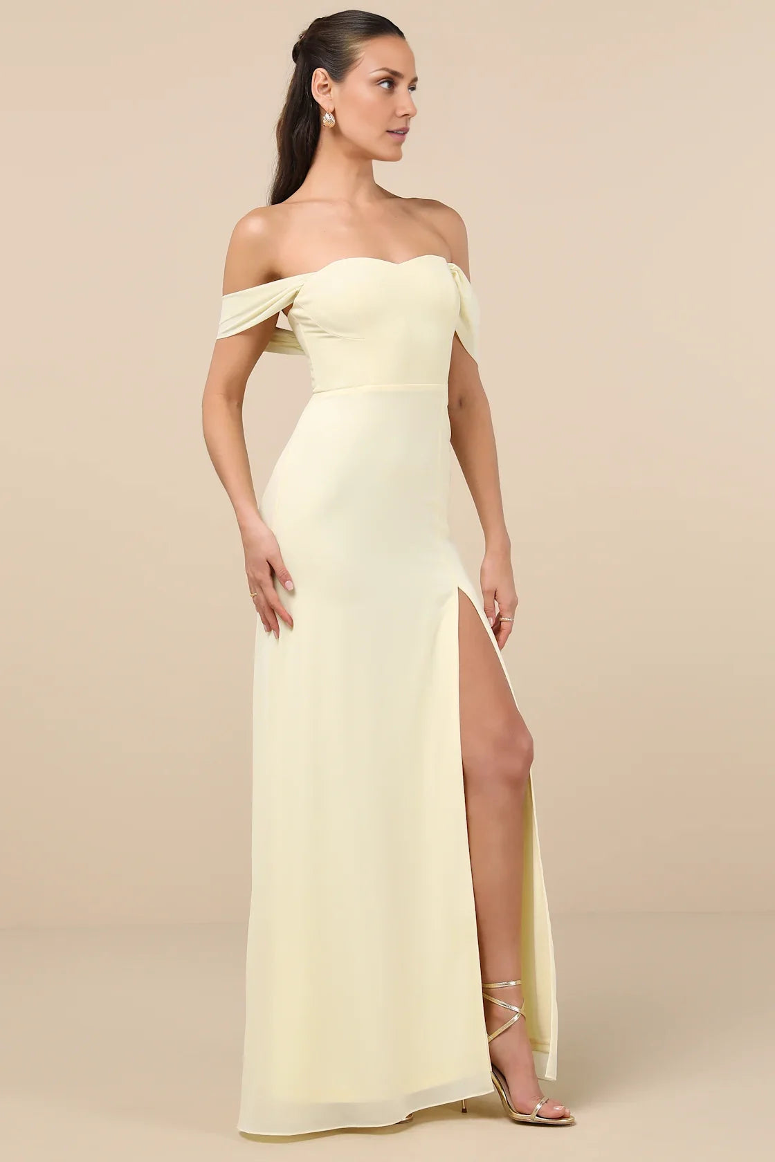 Pale Yellow Off-the-Shoulder High-Slit Chiffon Maxi Dress