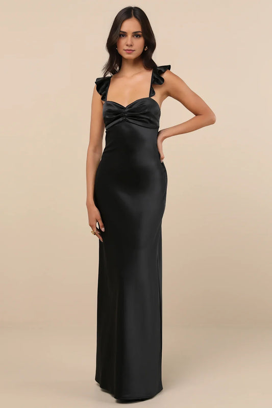 Black Satin Ruffle-Strap Sweetheart Mermaid Formal Dress