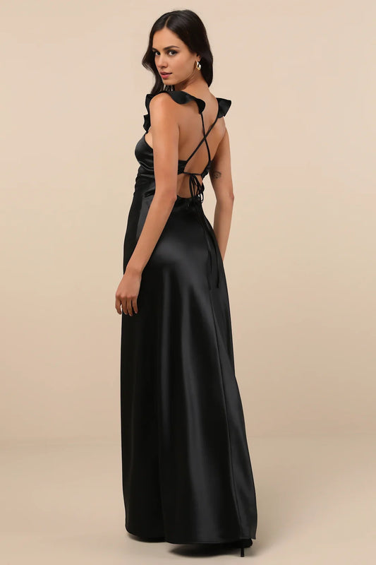 Black Satin Ruffle-Strap Sweetheart Mermaid Formal Dress
