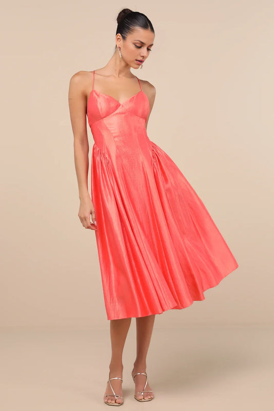 Coral Spaghetti-Strap Sweetheart Crisscross-Back Pleated Midi Dress