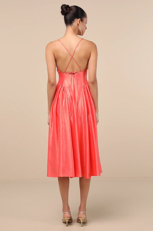 Coral Spaghetti-Strap Sweetheart Crisscross-Back Pleated Midi Dress