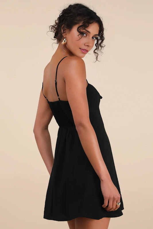 Black Spaghetti-Strap Tie-Front A-Line Homecoming Dress