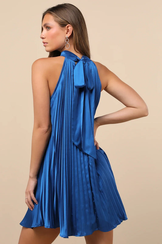 Cobalt Blue Satin Halter-Neck Bow-Back Swing Homecoming Dress