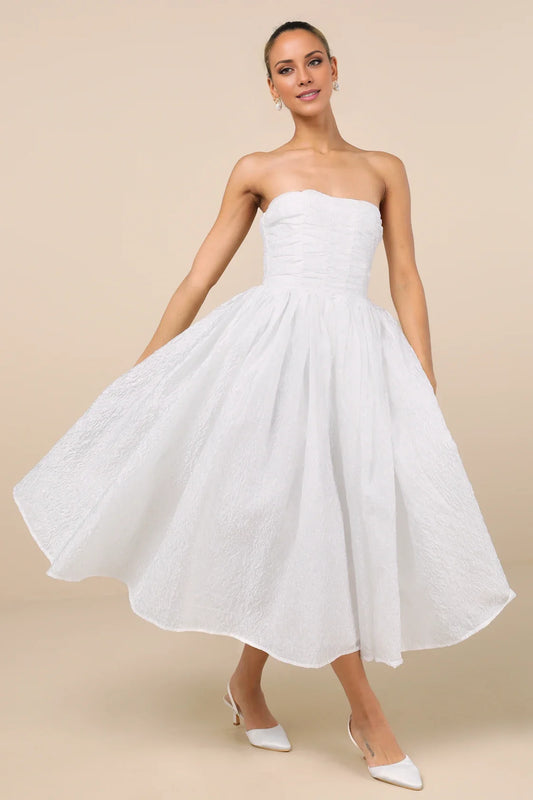 White Strapless Corset-Back A-Line Midi Prom Dress