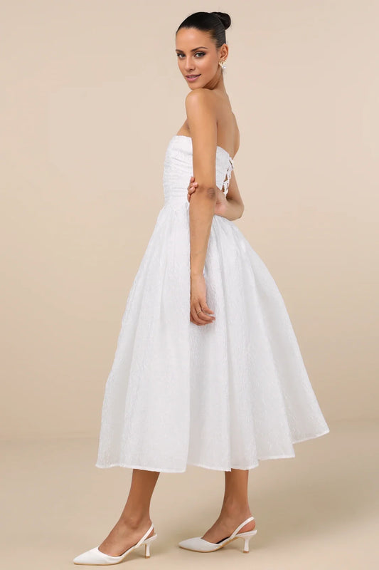 White Strapless Corset-Back A-Line Midi Prom Dress