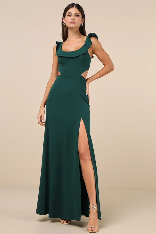 Dark Green Ruffled-Strap Cutout Slit Maxi Formal Dress