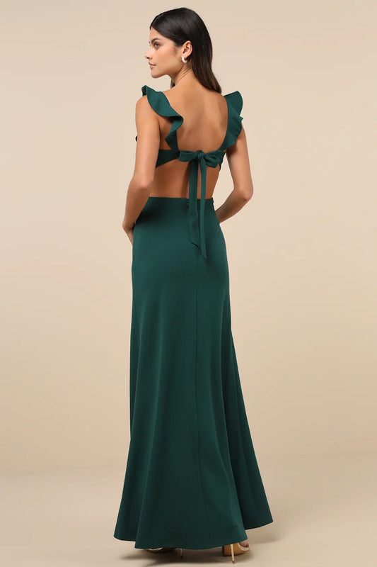 Dark Green Ruffled-Strap Cutout Slit Maxi Formal Dress