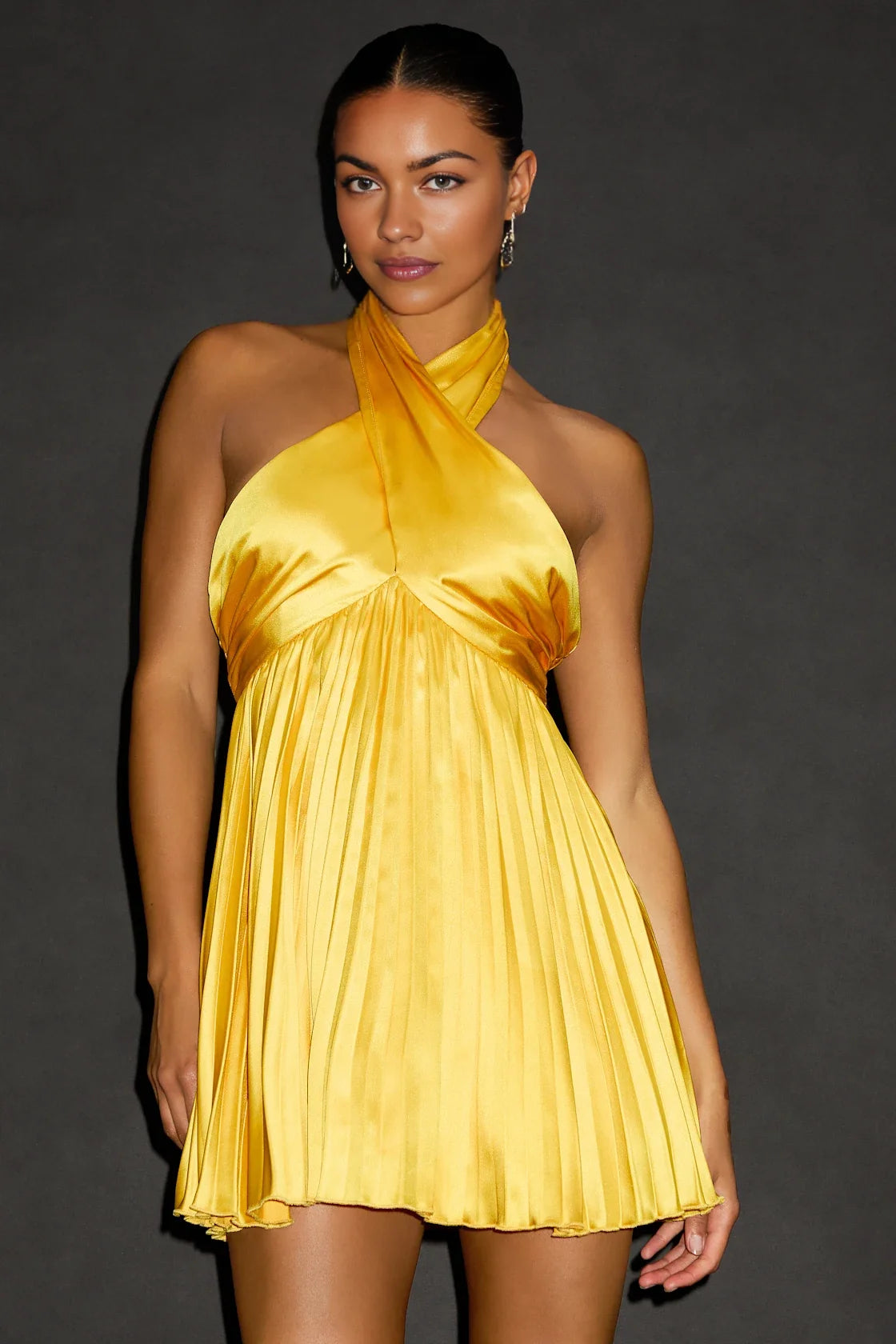 Yellow Halter-Neck Twist-Front Keyhole A-Line Satin Homecoming Dress
