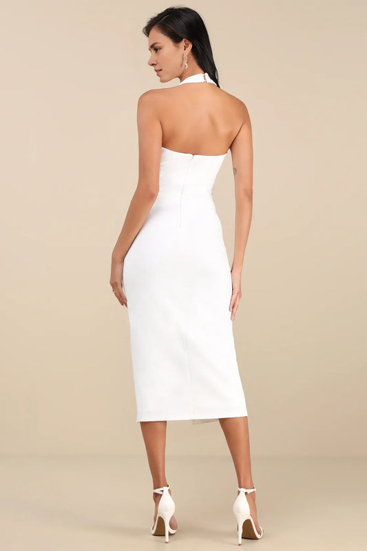 White Halter-Neck Wrap-Front Slit Midi Cocktail Dress
