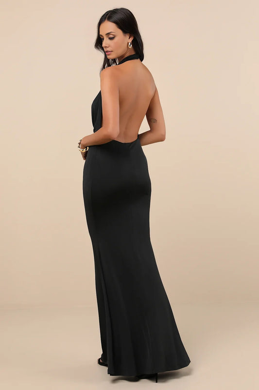 Black Halter-Neck Cowl-Back Mermaid Formal Dress